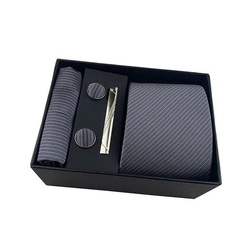 Men's Business Tie Square Towel Gift Box Striped Plain Suit Shirt Tie Black Gift Box Set