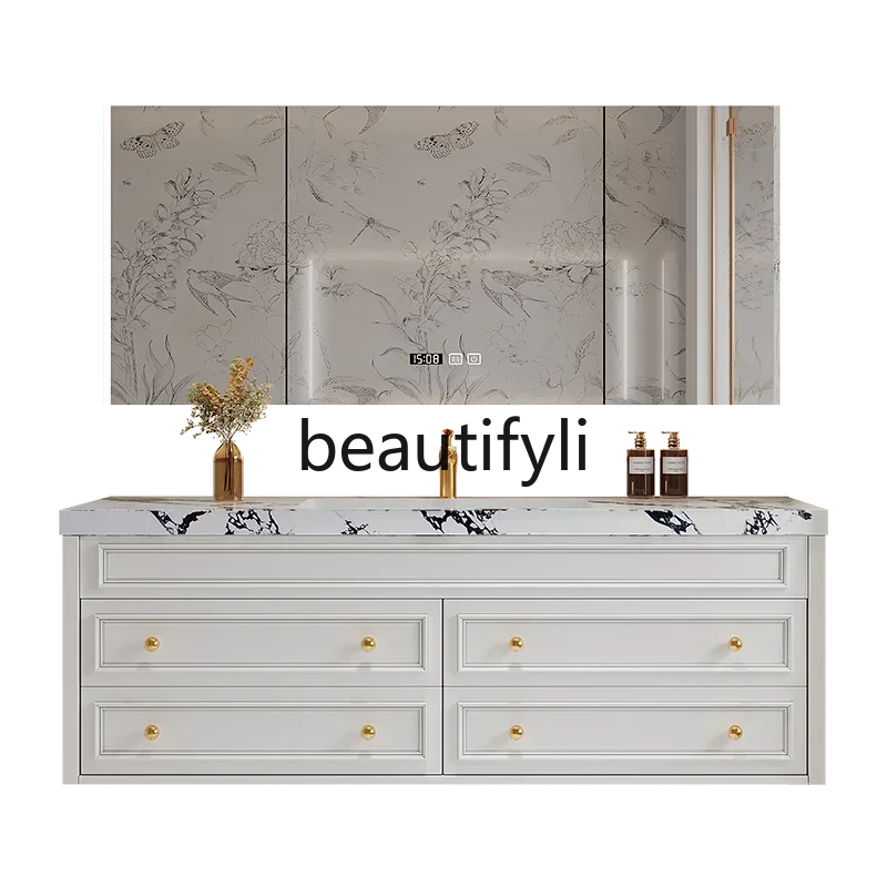 

02 Frenh double basin bathroom abinet oak washbasin rok slab integrated basin retro bathroom washbasin abinet