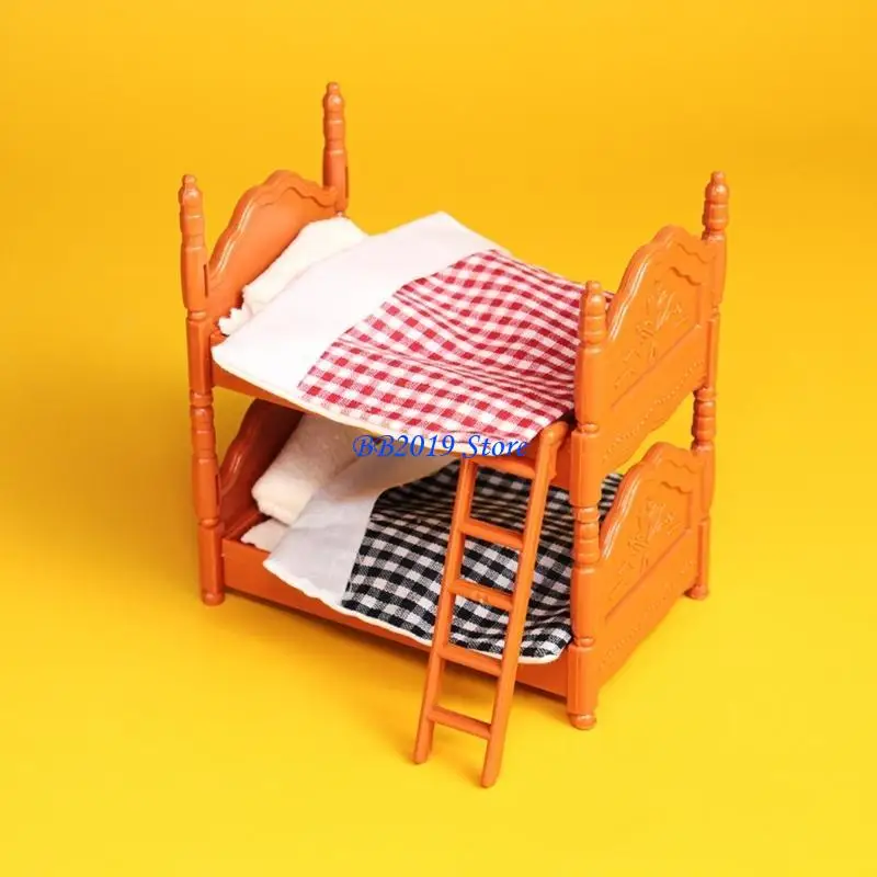 Q0KB Dollhouses Furniture Bunk Bed Set with Ladder Plastic Double Beds with Accessory