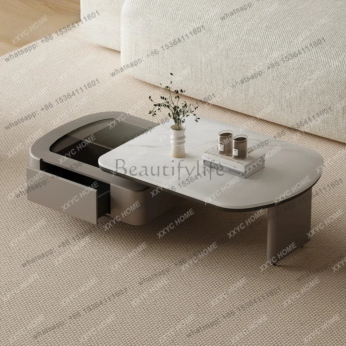 minimalist rotating coffee table multi-functional microcrystalline stone telescopic coffee table small apartment
