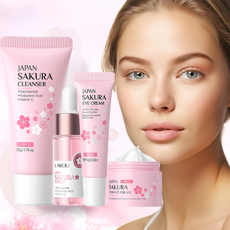 Kit de 4 Productos Faciales Sakura, Set de Cuidado de la Piel, Limpiador Facial, Suero Hidratante, Crema Facial, Crema para Ojos, Cosmética Coreana
