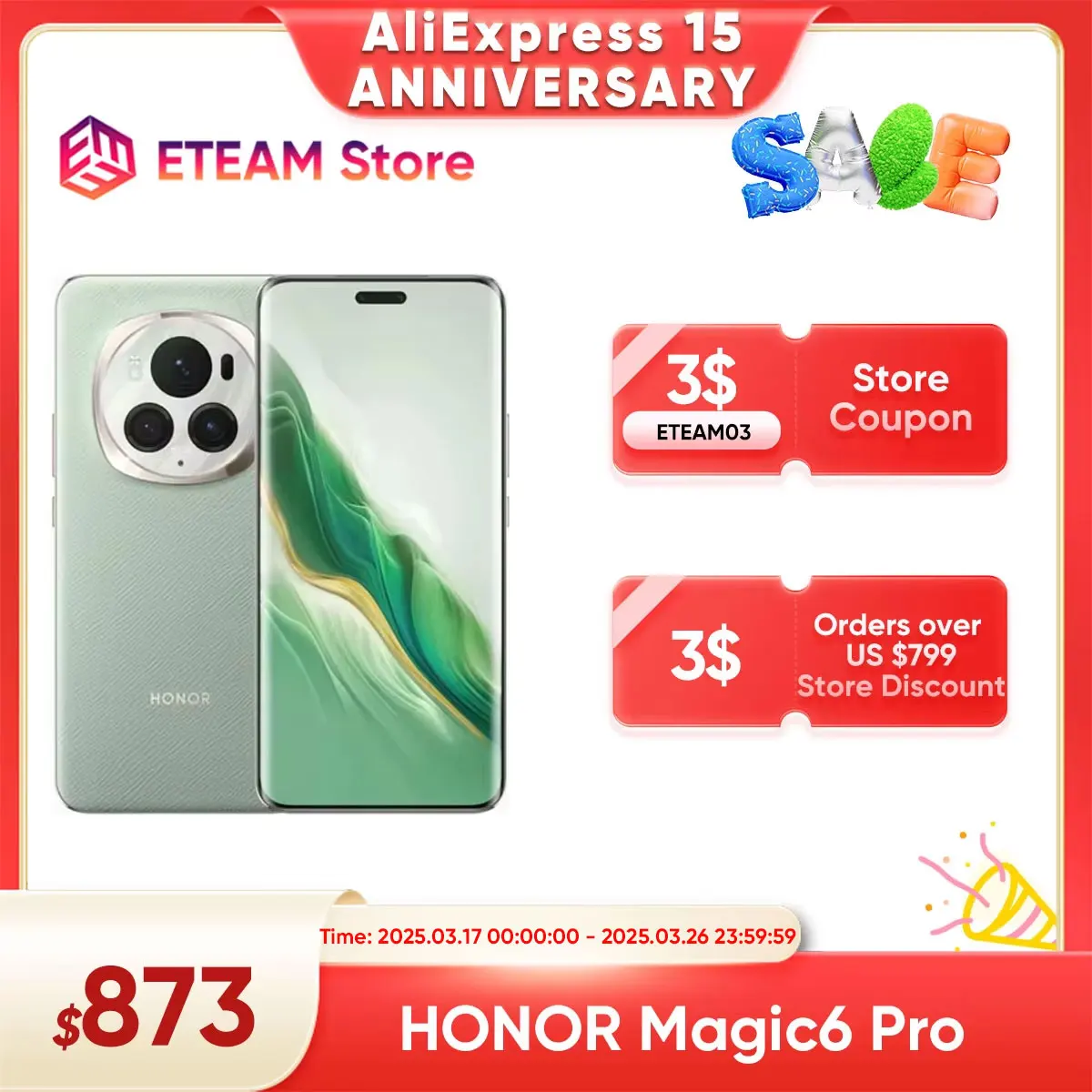 Смартфон HONOR Magic6 Pro, глобальная версия, Snapdragon 8 Gen 3, 6,8 дюйма, четырех изогнутый плавающий экран, 180 МП, перископ, телефонная камера 6