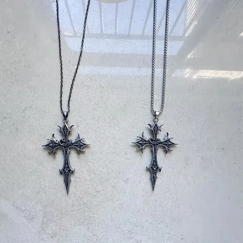 Personalized Retro Gothic Double-Sided Cross Ethnic Pattern Necklace Fashionable Exaggerated Style Pendant