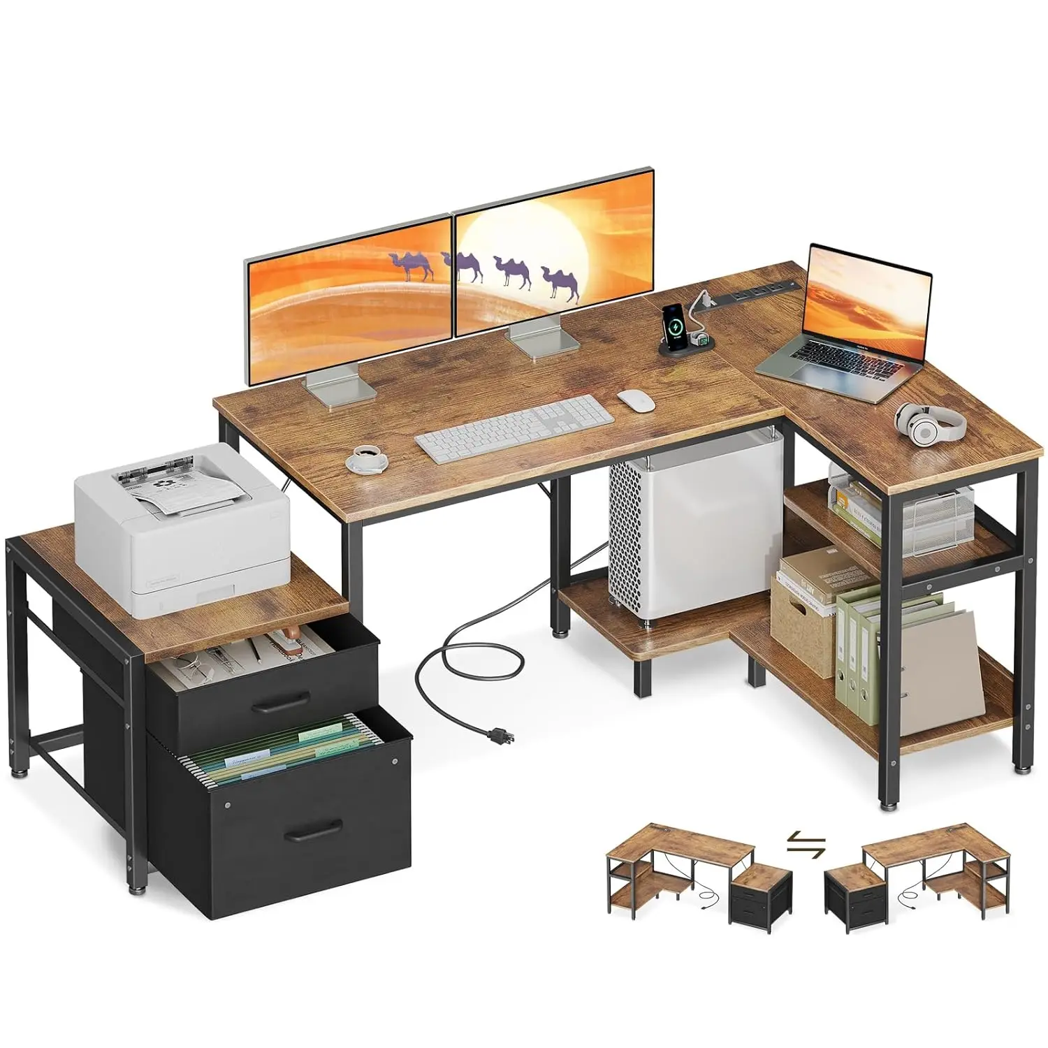 

L Shaped Desk with Drawers & File Cabinet, Reversible Computer Desk with Storage Shelves & CPU Stand, Corner Desk with Power Out