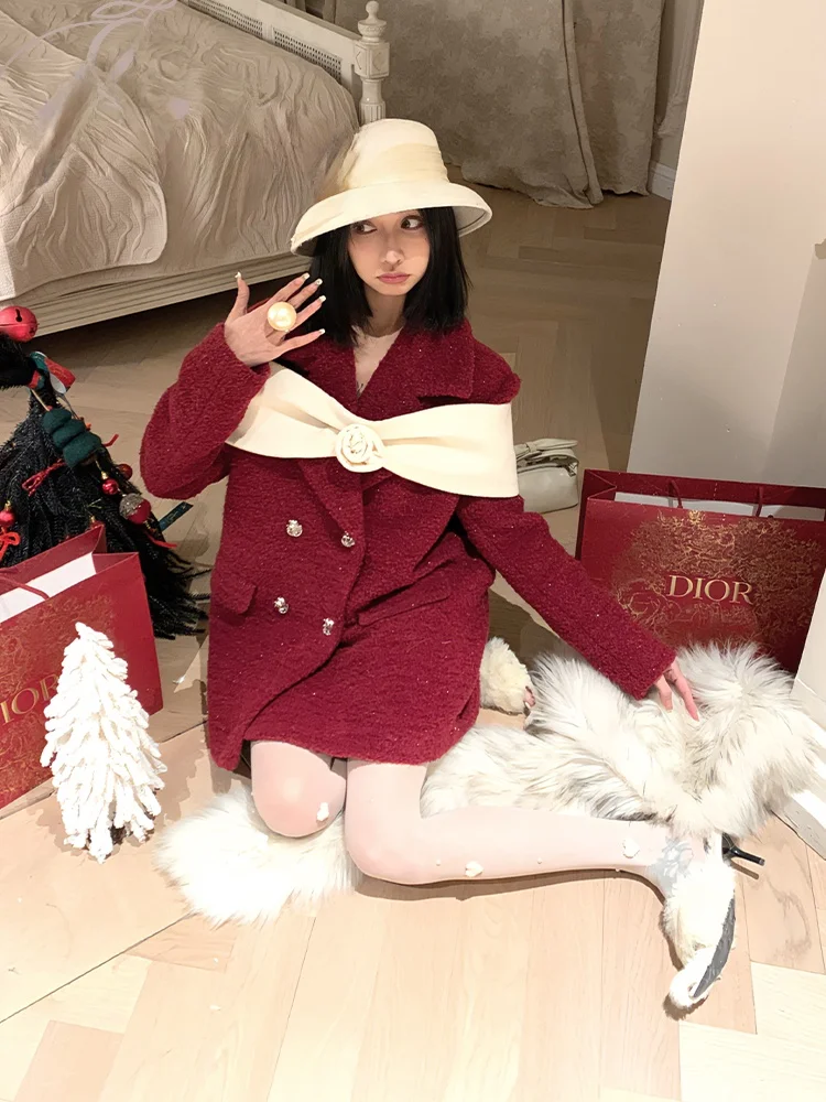 

Original PITAO down Jaet Red Du down Mid-Length Retro Winter Women's Faion Set Warm Sli Coat for Cold Weather