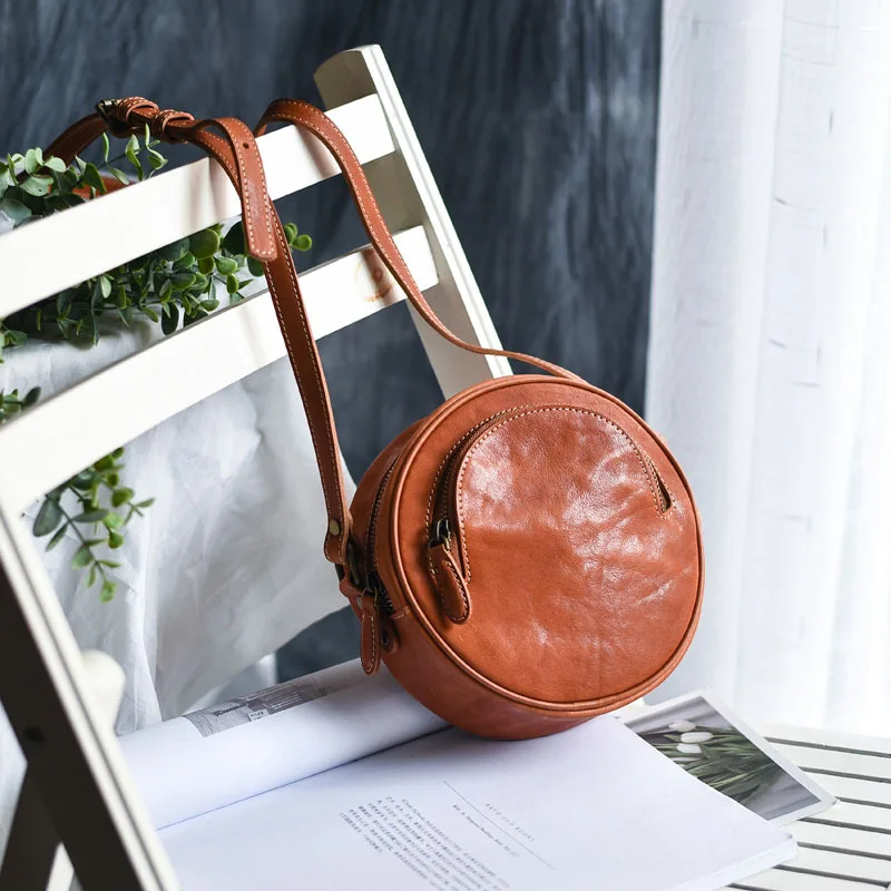 

Vintage Handmade Fresh Leather Small Round Bun Head Layer Cowhide Crossbody Shoulder Round Box Women's Purses And Handbags