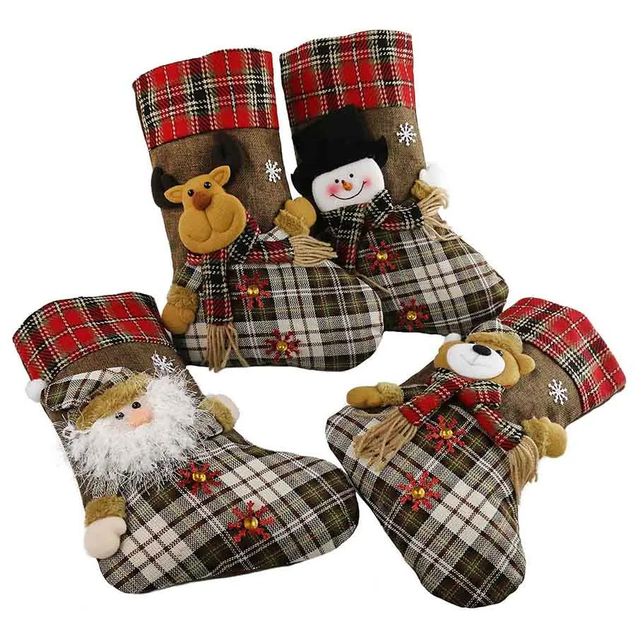 4 Pcs/set Christmas Stockings Sock for Baby Candy Bags Xmas Tree Plaid Hanging Decor Scarf Joker Gifts for Kids Macrame Decor