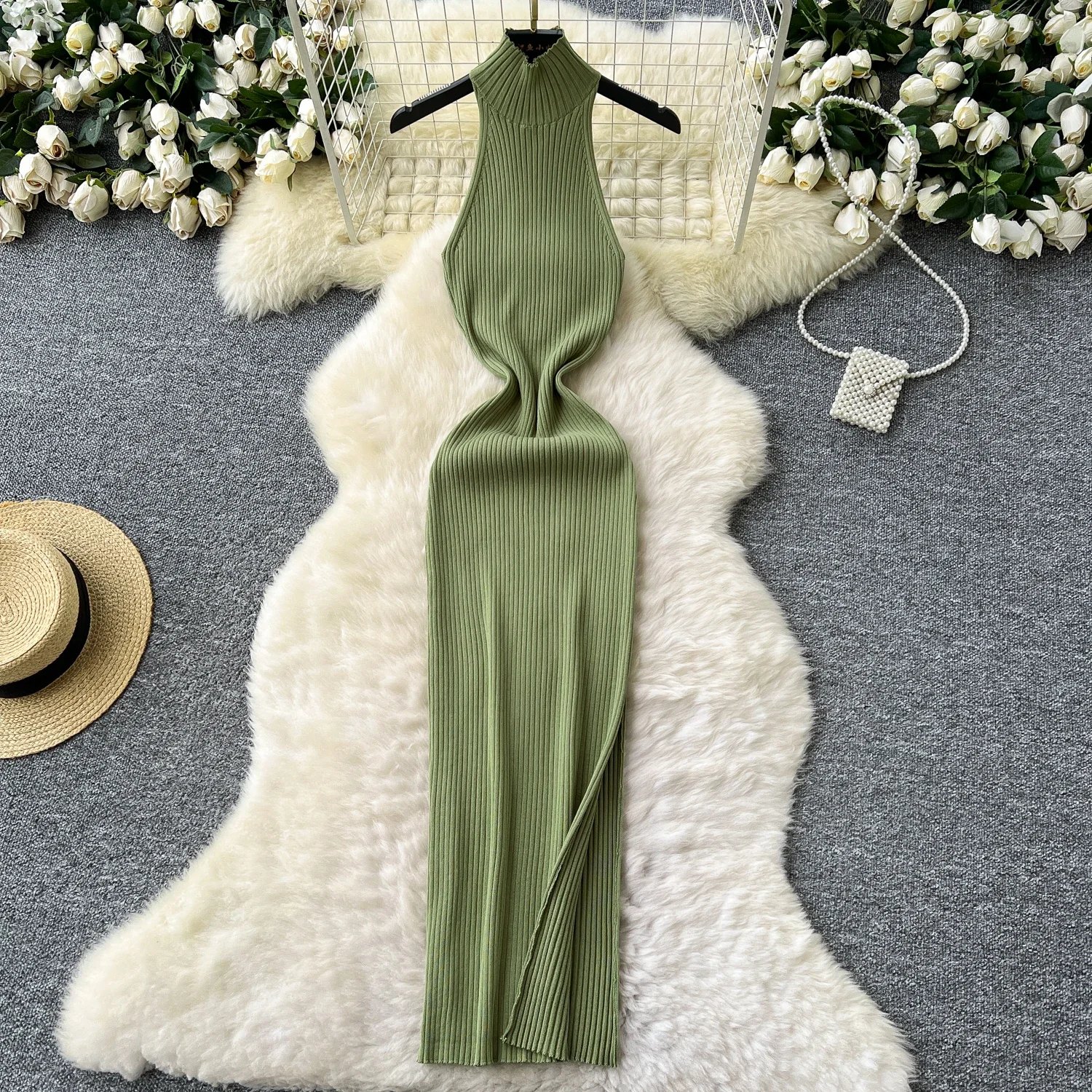 New Summer Basics Knit Long Dress Sleeveless Solid Turtleneck High Elastic Skinny 2025 Fashion Women Bodycon Split Maxi Dress
