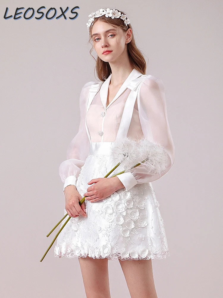 

High-End French Style Gentle Shirt Dresses Women 2024 Spring and Autumn Three-Dimensional Flowers Elegant Embroidery White Dress