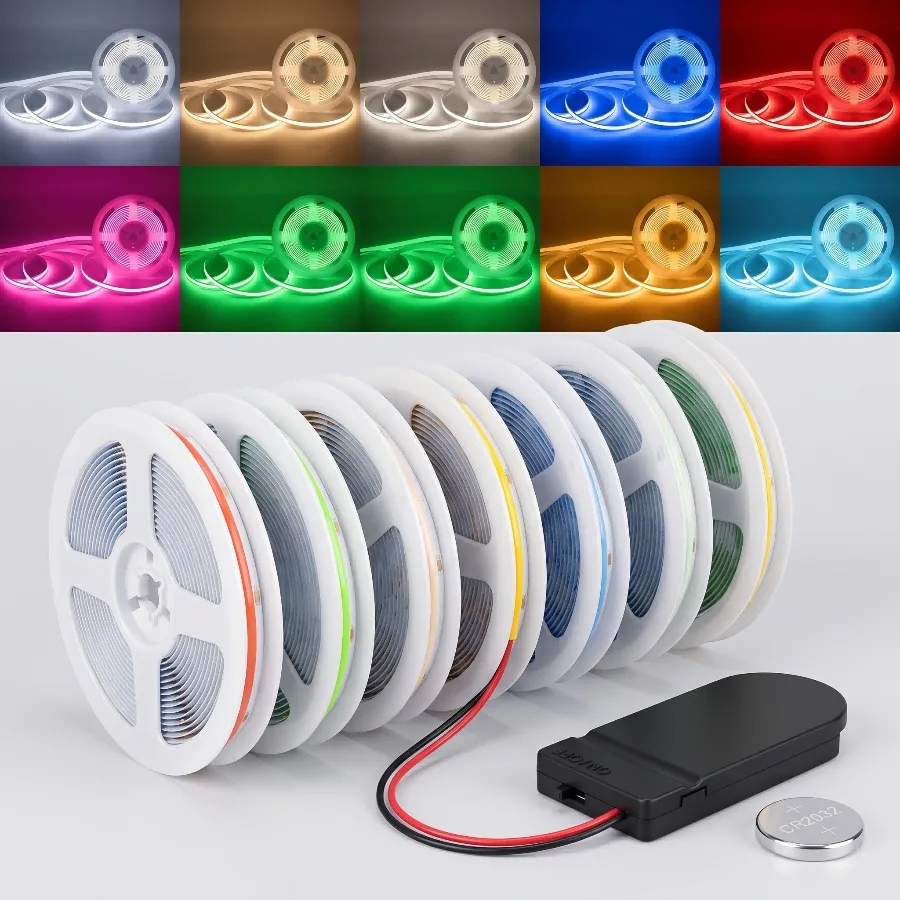 Button Battery Box COB LED Strip 0.5-3m DC5V 8mm PCB 320LEDs/m CR2032  Flexible Tape Home Decoration DIY Lighting Design