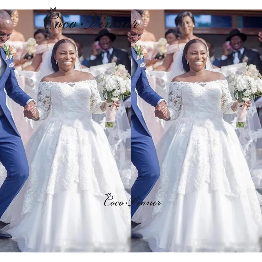 

Customized Off Shoulder Africa Wedding Dress Ball Gown Long Sleeves Princess Style Lace Appliques Wedding Dress W1368