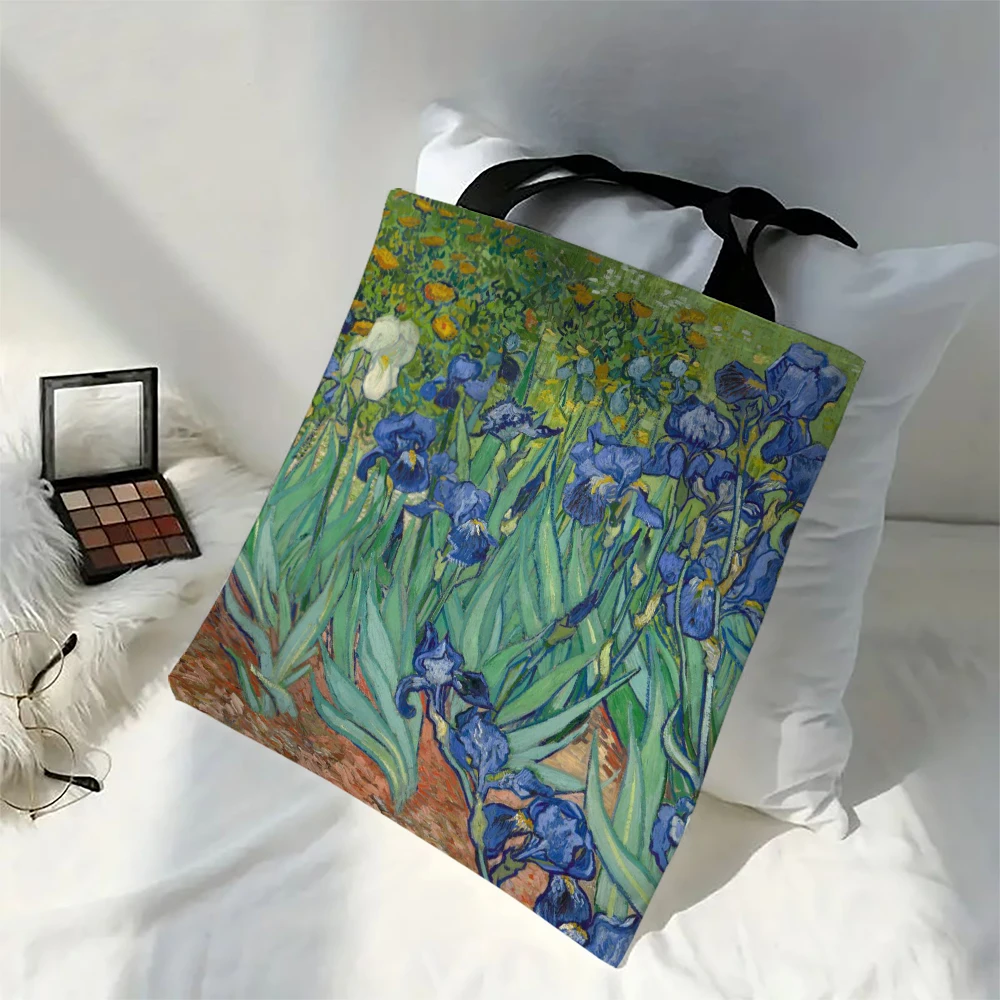 Oil Painting Printed Linen Bag Womens Lightweight Tote Bag Daily Handbag Multi Functional Shopping Bag High Definition Digital