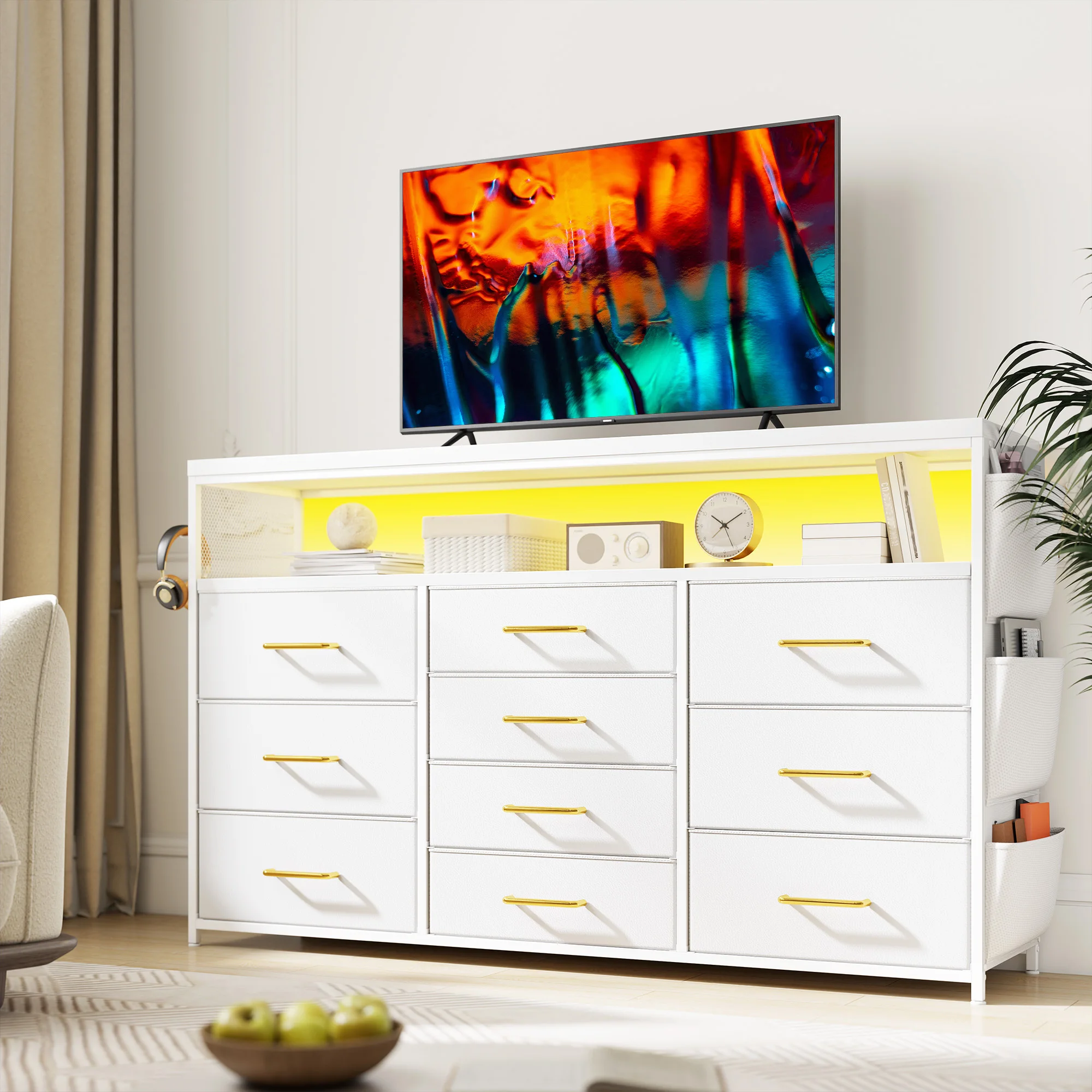 EHNOMEE 10-Drawer Fabric Dresser & TV Stand – LED Lighting, Built‑In Outlets, Side Pockets & Hooks – 33.5