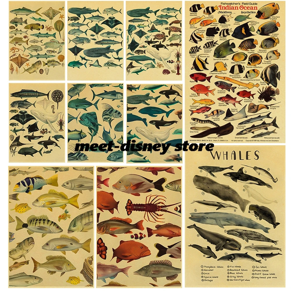 Poster Whale And Shark Ocean Animals Kraft Paper Print Cartoon Self Stick Wall Art Poster for Laptop Luggage Modern Decoration