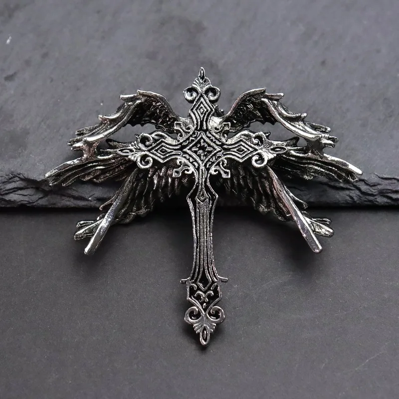 Gothic Punk Enamel Six‑Winged Angel Cross Pendant Necklace Retro Alloy Charm Neck Chain Trendy Street  Jewelry for Men Women