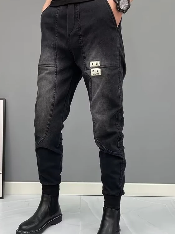 

Slim Fit Harem Denim Jeans Men's Youth Loose Elastic Waist Long Pants Spring Autumn Black Trendy Casual Trousers