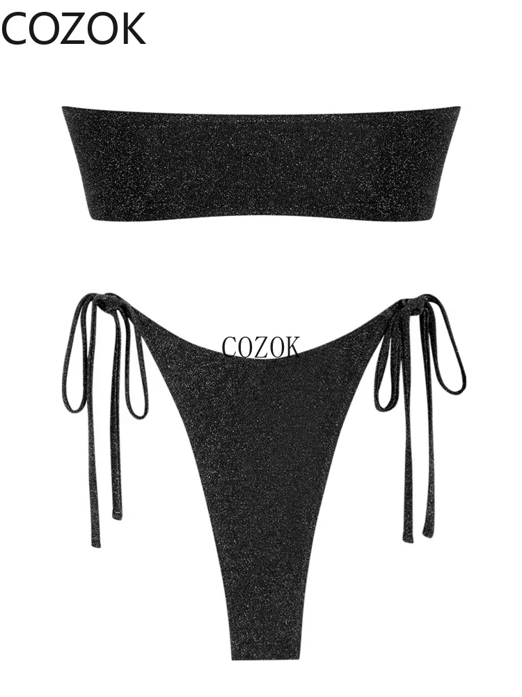 2024 Solid O Ring Swimsuit for Women Tie Side Shiny Metal Hardware Ring Bandeau Bikini Swimwear Padded Bra Top Low Waisted