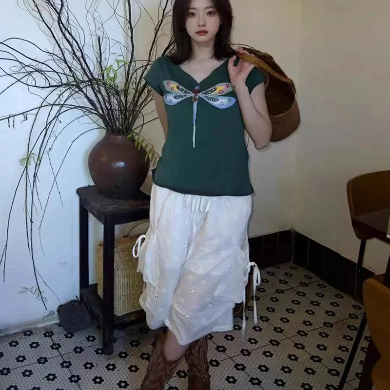 여름 드래곤플라이 스윗 슬림 티 여성 반팔 화이트 롤업 탑 클래식 심플 V넥 하라주쿠 Y2K 캐주얼 티셔츠