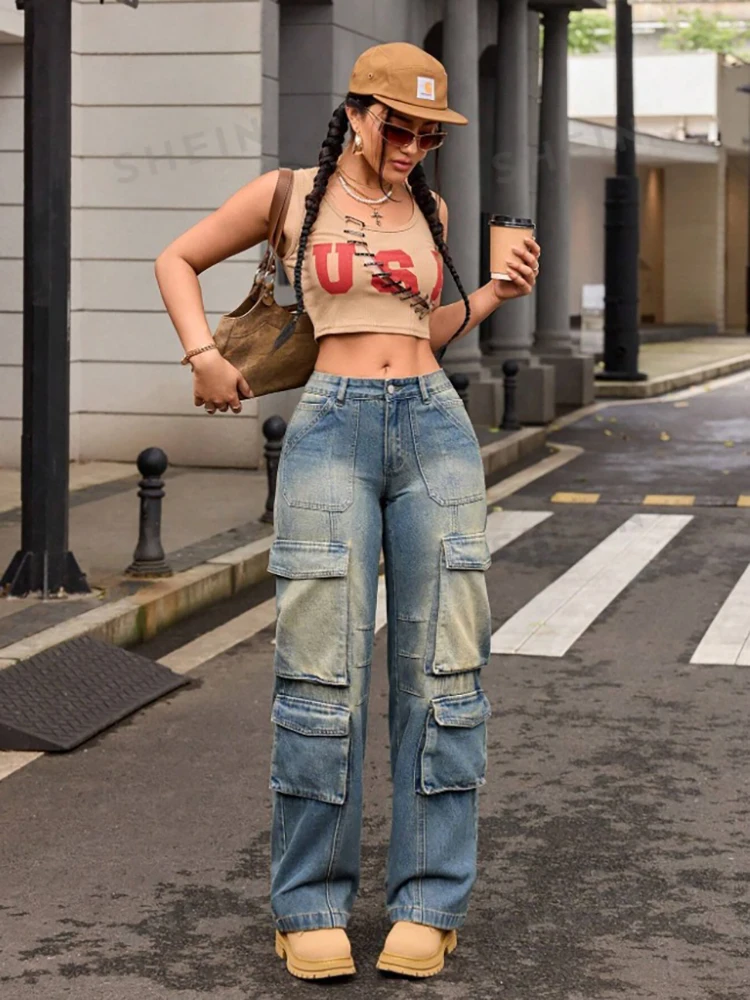 Vintage Blue Cargo กางเกงยีนส์ผู้หญิงสไตล์อเมริกันกระเป๋าหลวมตรงกางเกงยีนส์กางเกงฤดูใบไม้ผลิกางเกงสบายๆ Street wear