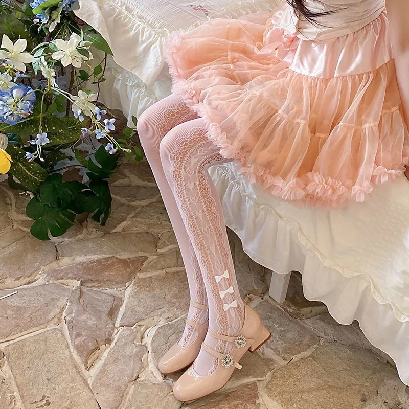 Small Size Tween Girls Nylon Fine Fishnet Tights Side Cutout Mesh Semicircle Heart Bow Hosiery for Kids Age9-12 Height135-155cm