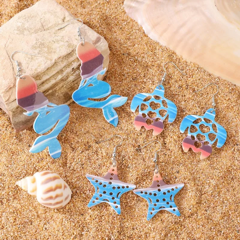 Blue Bohe Acrylic Shell Starfish Turtle Dangle Earring For Women Summer Beach Sea Horse Drop Geometric Earring Fashion Jewelry