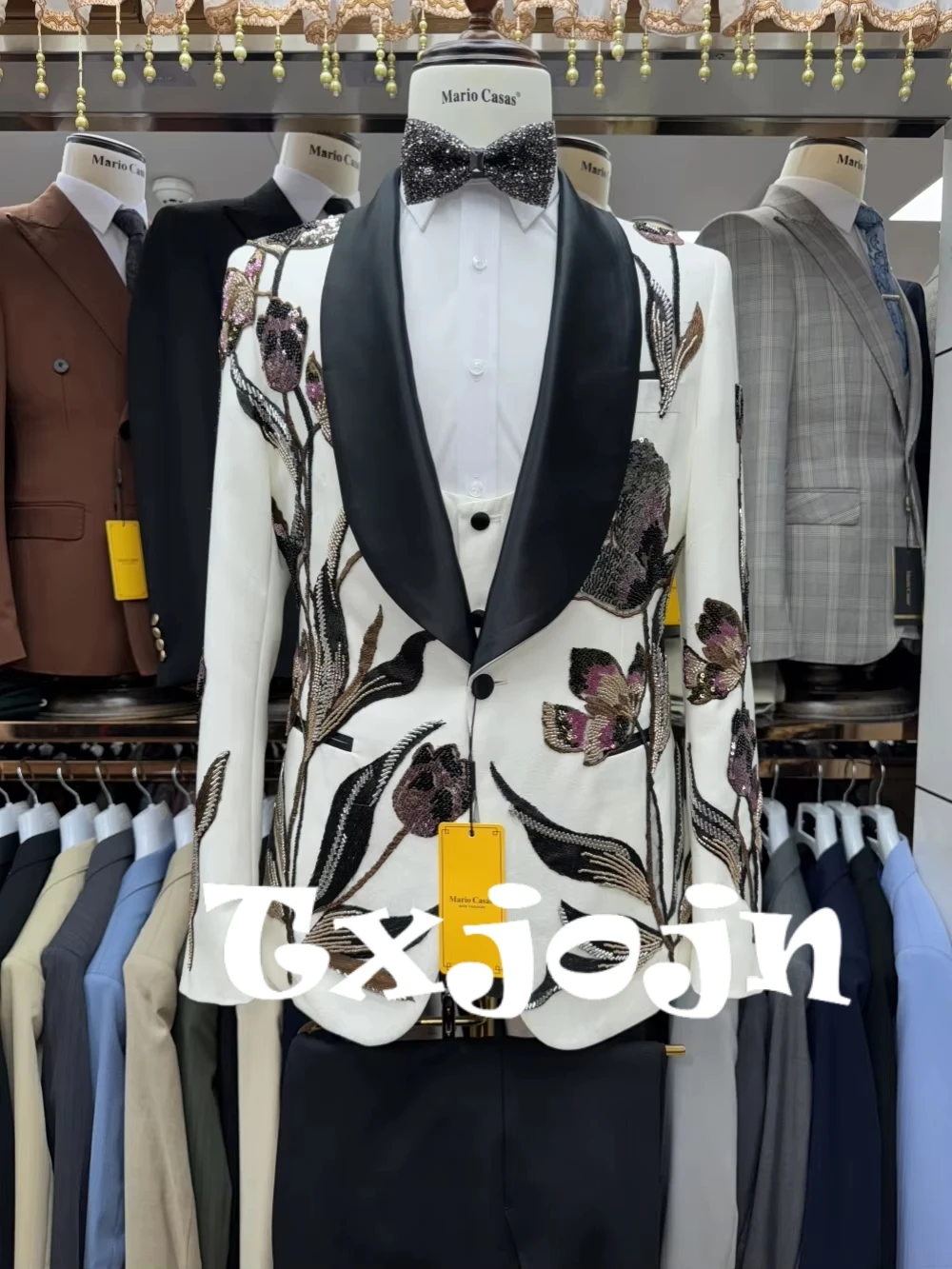 Elegant Mature Embroidery Beaded Suit Set 3 Pieces For Men Dancing Wear,Handsome Slim Fit Shawl Lapel Men's Suits Party Tuxedo