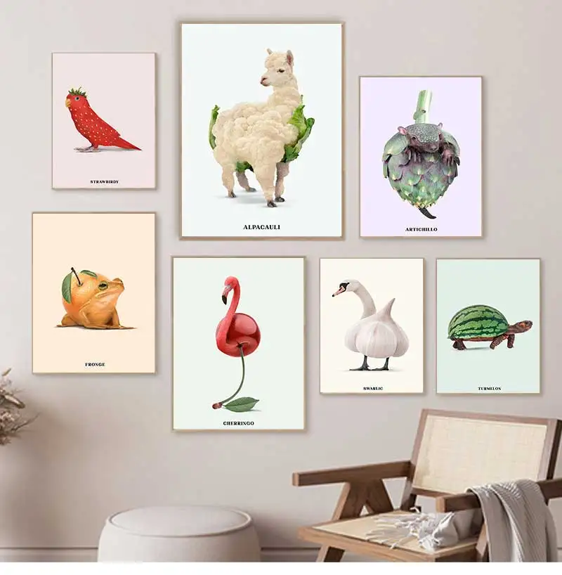 Funny Fruit Animal Poster, Kitchen Canvas Painting, Garlic, Goose,Cauliflower, Sheep Wall Picture, Living Room Decor
