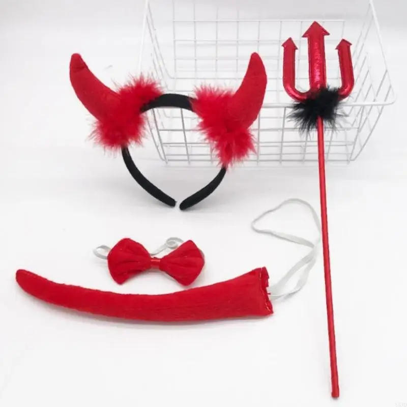 Y5JD Halloween Devil Trang phục Set Tail Bowtie Devil Horn Headband Red Pitchfleks