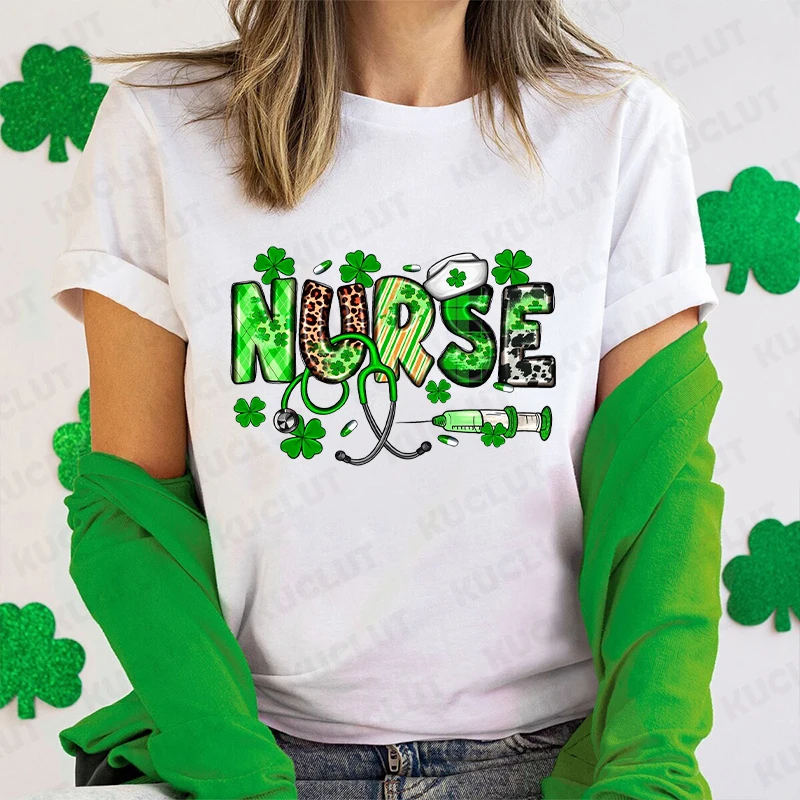 St.Patricks Lucky Nurse T-Shirt for Women Funny Nurse Lucky Shamrock Graphic Tops Harajuku Casual Tees Female Aesthetic Clothing