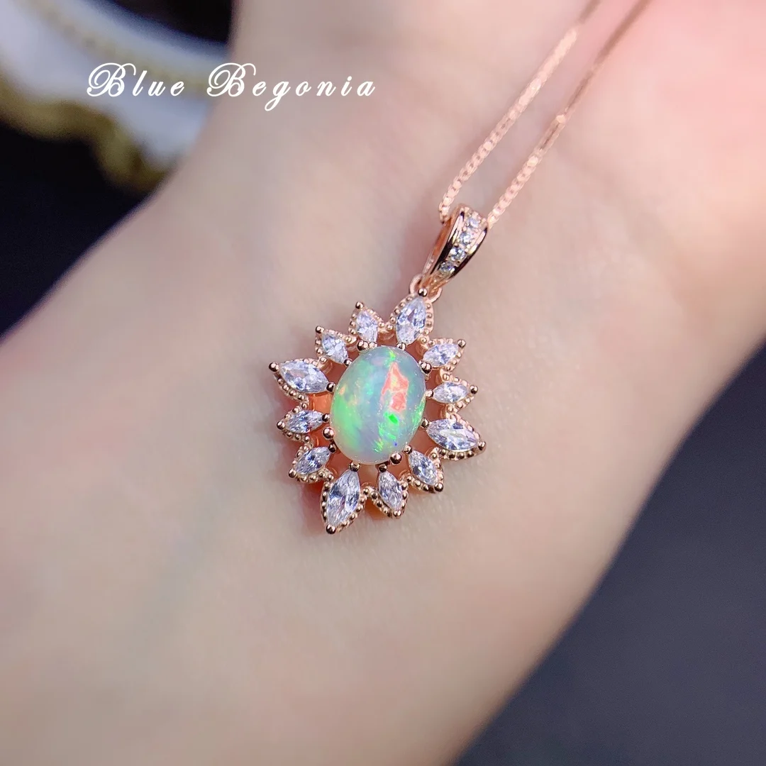 Natural Opal Pendant for Women Anniversary Girlfriend Gift 6*8MM Genuine Gemstone Necklace Fine Jewelry 925 Sterling Silver