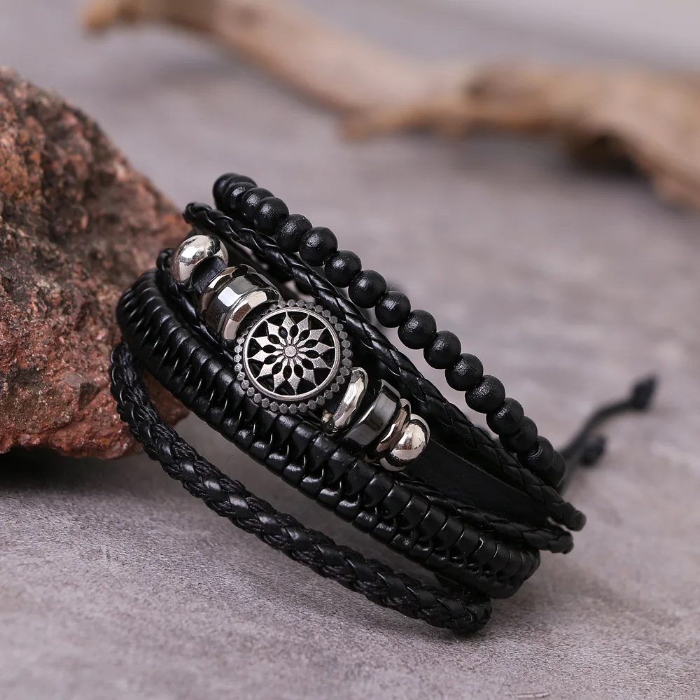 4Pcs/ Set Braided Wrap Leather Bracelets for Men Vintage Life Tree Rudder Charm Wood Beads Ethnic Tribal Wristband Rope Bracelet