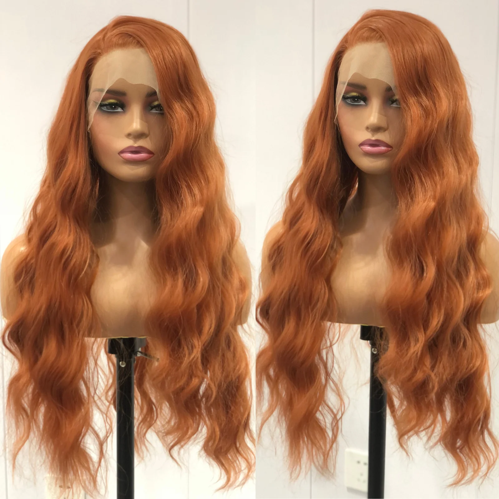 Long Curly Natural Wavy Synthetic Hair Ginger Orange Lace Front Wig Loose Deep Wave Brown Colored 13X4 Frontal Wigs for Women