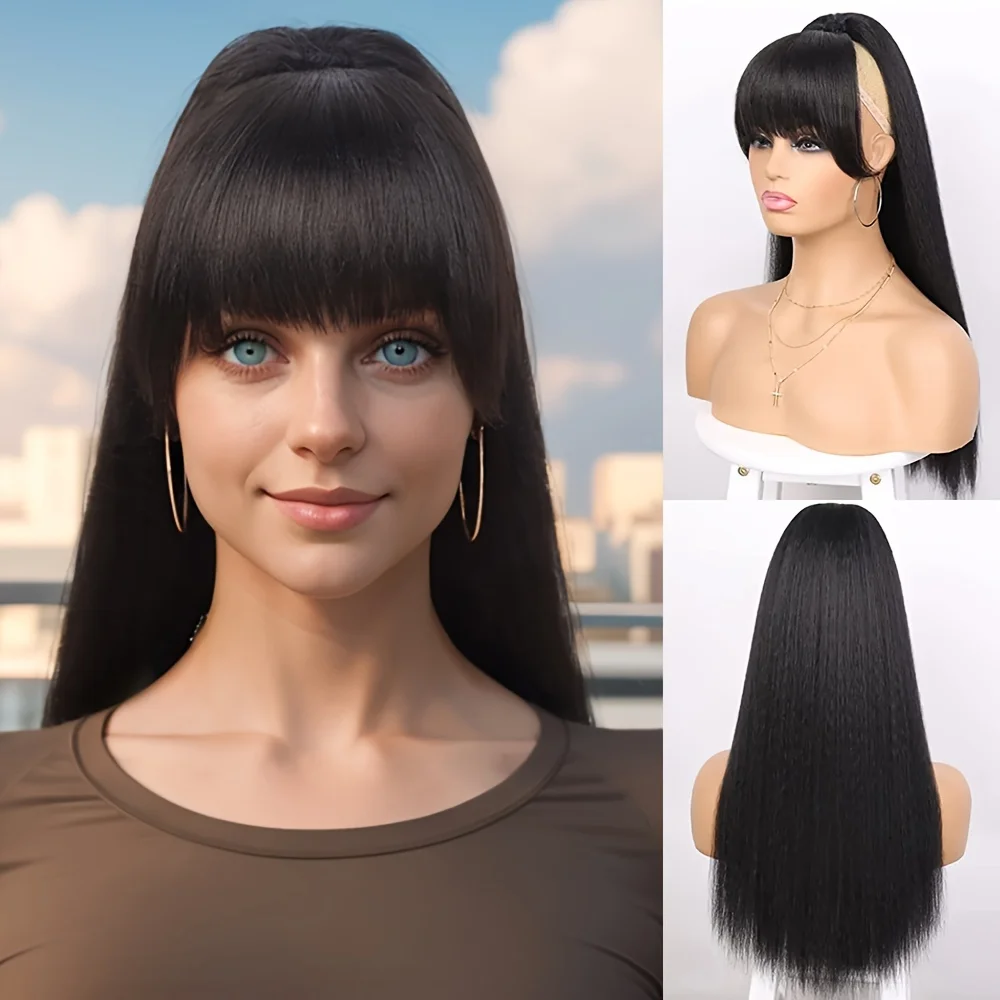 

Синтетический шиньон Яки, наращивание хвоста на шнурке с челкой - длинный прямой зажим Яки для чернокожих женщин для повседневной вечеринки