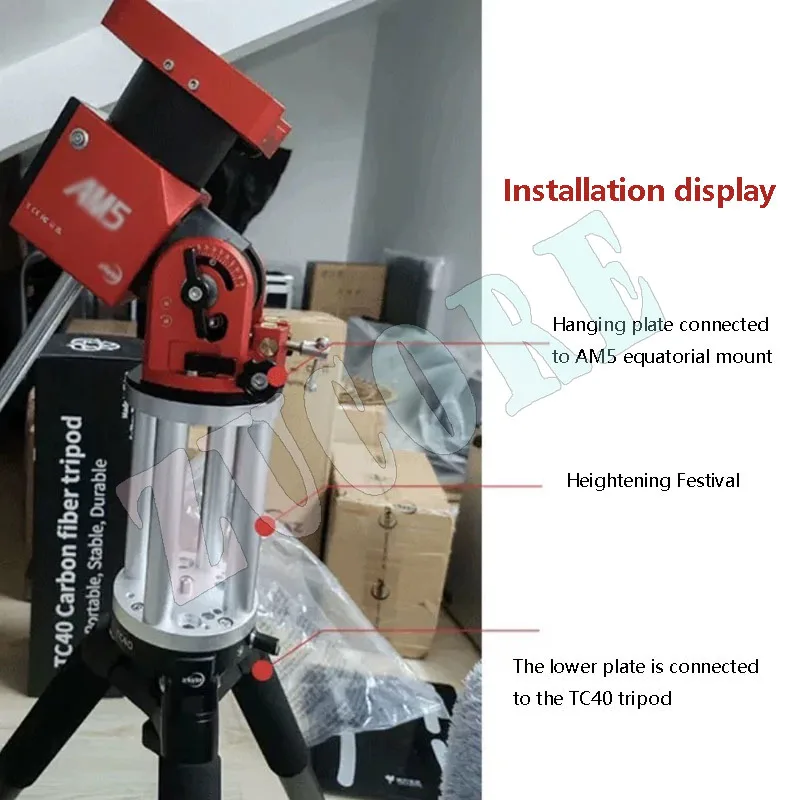 Telescopio astronómico montaje ecuatorial sección de elevación placa adaptadora sección ascendente columna de extensión TC40