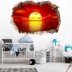 3D Broken Wall Hole Art Ocean Sunrise Landscape Vinyl Mural Stickers for Home Decorations Living Room Bedroom Sea View Wallpaper