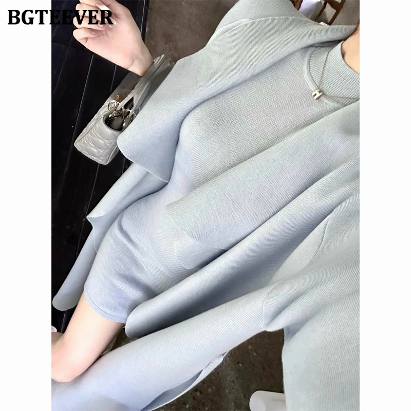 BGTEEVER Elegant Ladies 2 Pieces Knitted Sweater Set Autumn Winter Lace-up Cardigans Tops & Skinny Package Hip Mini Dress