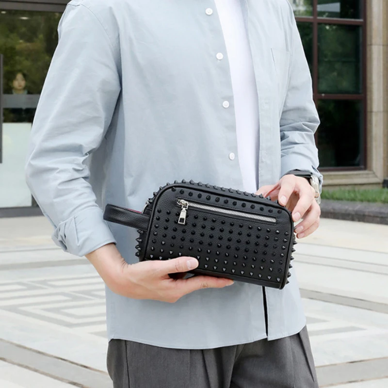 

European American Fashion Handbag Personalized Rivet Wallet Cyberpunk Style Simple All-match Bag High Quality Pu Leather Men Bag