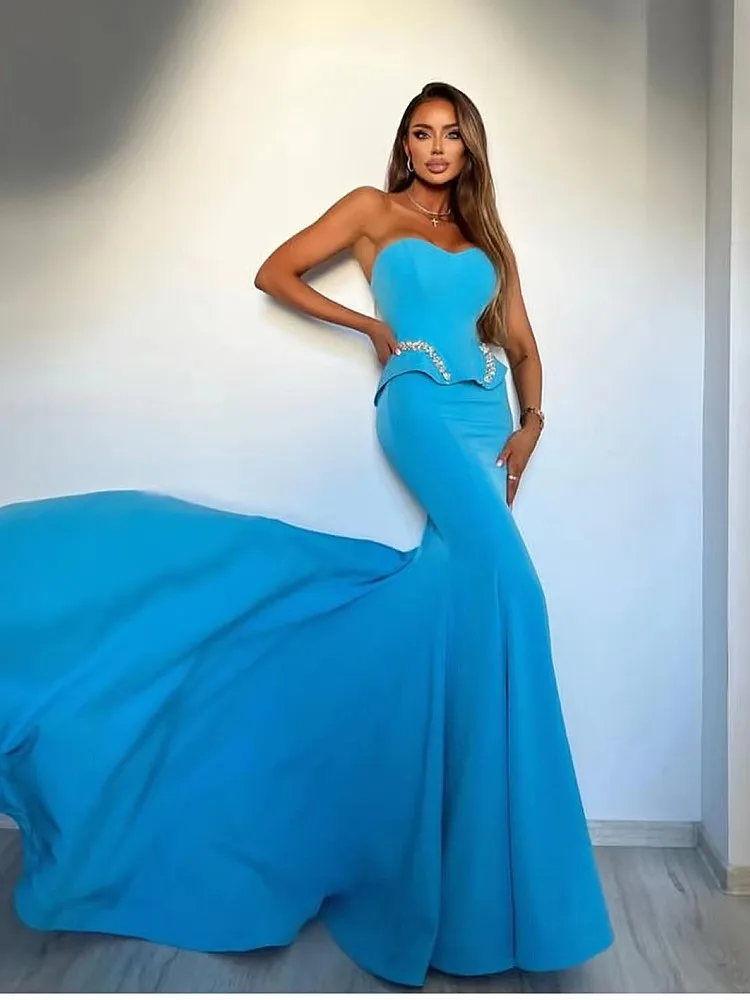 Blue Color Woman Bandage Set Shining Diamonds Strapless Top And Mid Calf Mermaid Skirt 2 Piece Set Cocktail Party Outfit