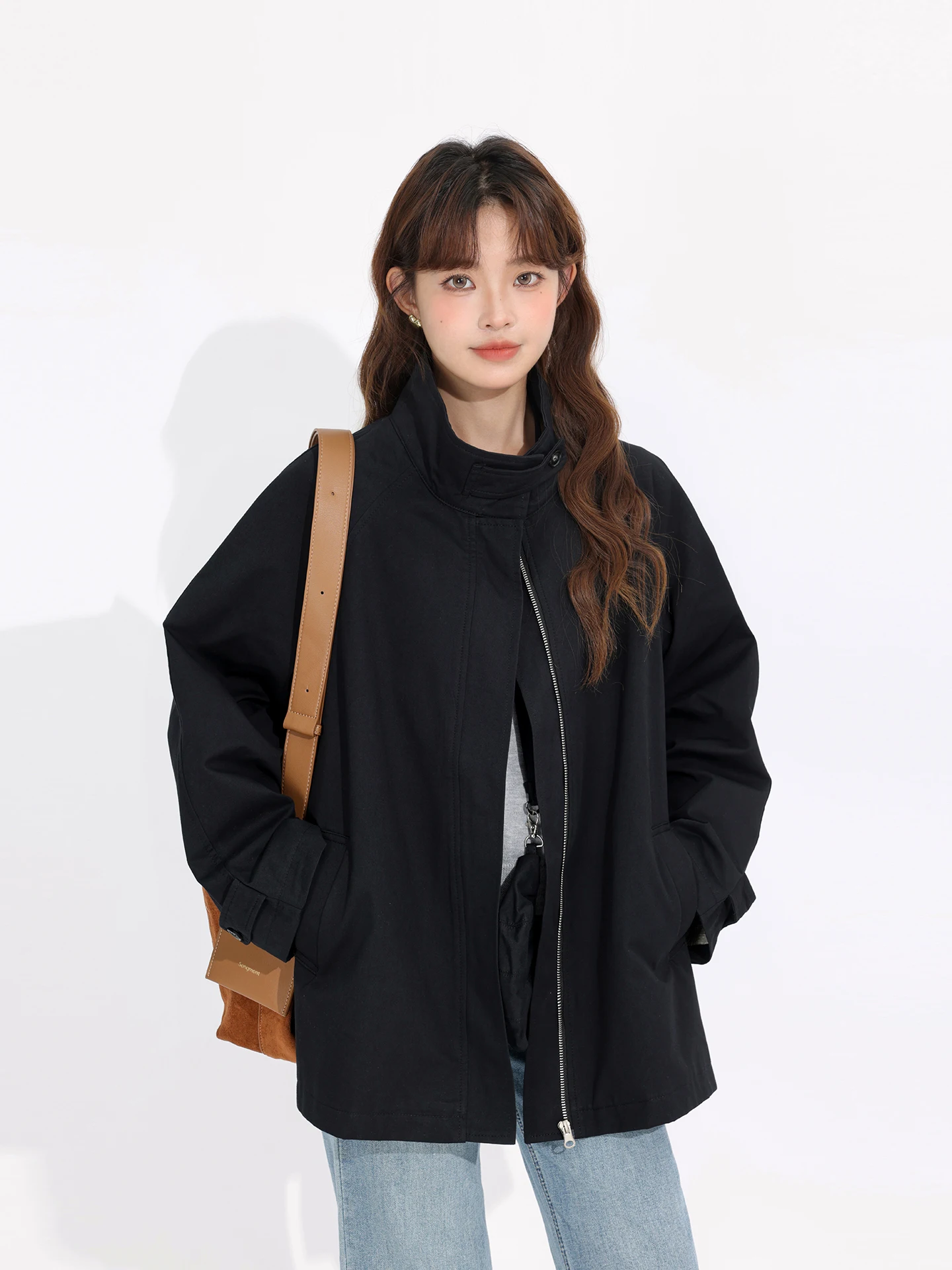 Elegant Black Windbreaker Jacket Korean Style Commute Loose Fit Long Sleeve Zipper Closure Pure Color Versatile Mid-Length Wo...