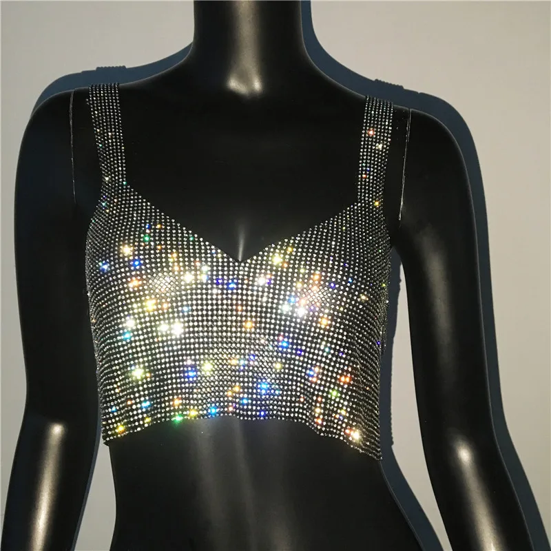 Sparkly Diamond Women Skirt Set Sexy Backless V Neck Crop Tops And Rhinestone Fishnet Split Skirt Party Rave Festival Clothing