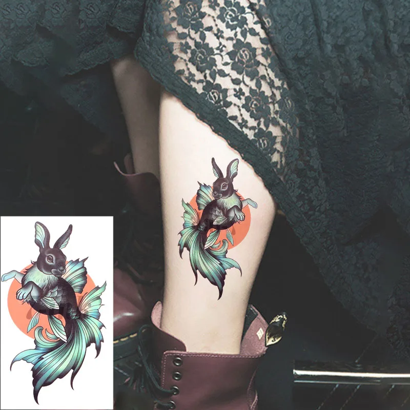 

Waterproof Temporary Tattoo Green Rabbit Face Fish Bird Totem Art Tatto Water Transfer Fake Flash Tatoo for Man Woman Kids