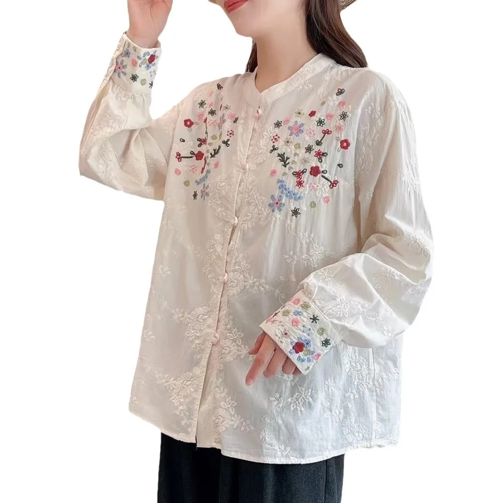 New Autumn Retro Cotton Shirt, Women Embroidery Long Sleeve O Neck, Mori Girl Loose Versatile Casual Blouse, Winter T40713CC