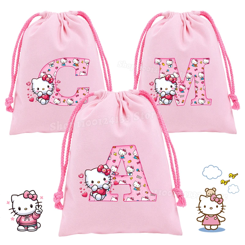 

Cute Hello Kitty Girl Drawstring Bag Sanrio Anime Letters A-Z Canvas Print Sport Portable Kids Party Hand Pocket Gift Pouch New