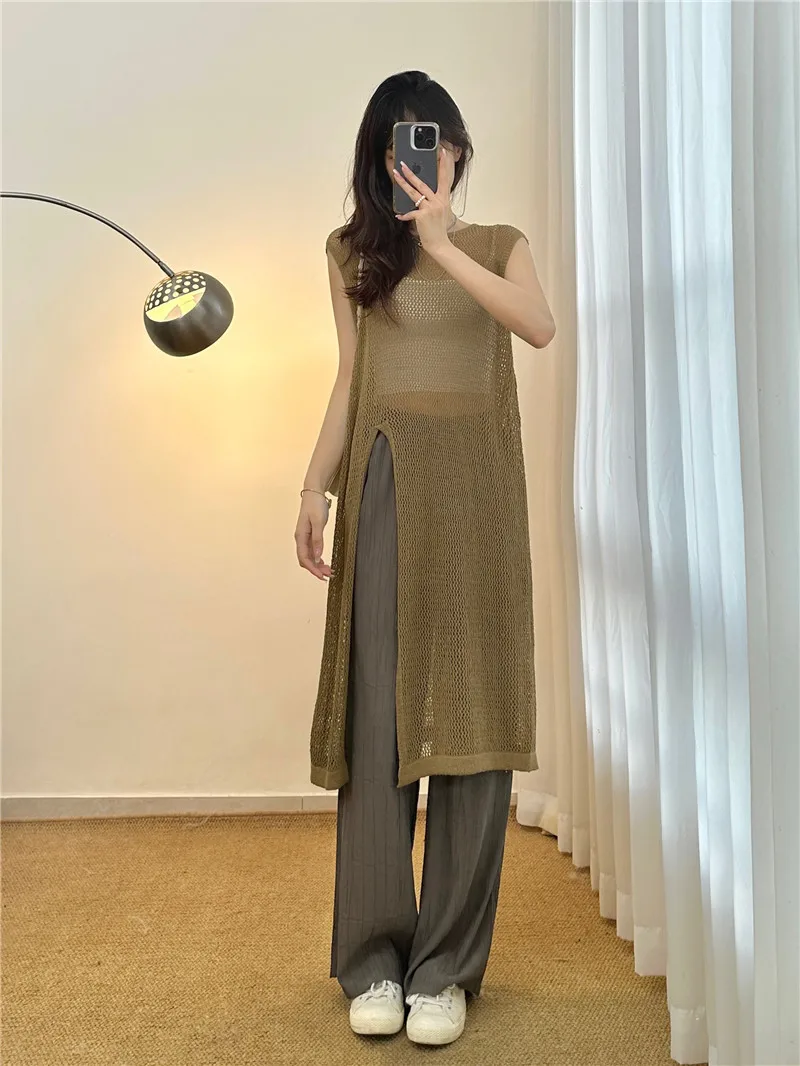 2024 Summer Maternity Knitting Pullovers See Through Hollow Out Thin Pregnant Woman Knit Dress Side Split Pregnancy Sweaters