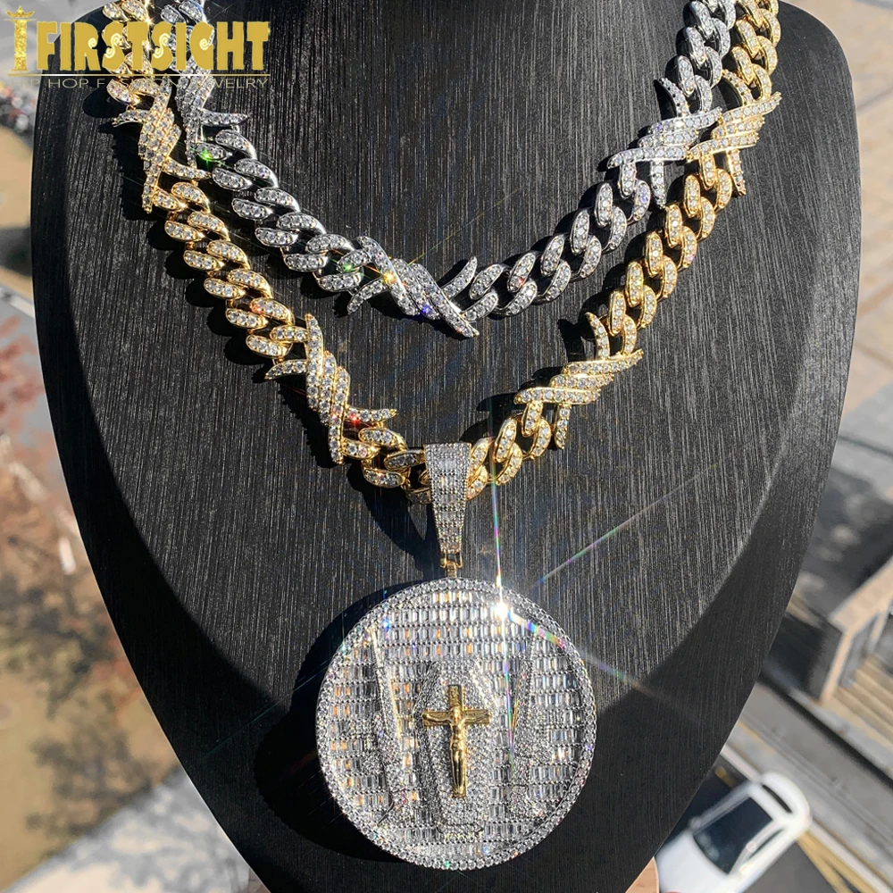 

New Iced Out Gun Jesus Pendant Necklace for Men 12MM Barbed Wire Cuban Chain Cubic Zirconia Charm Hip Hop Jewelry