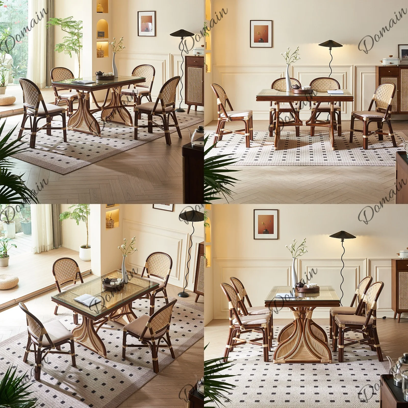 Southeast Asian Rattan Dining Table Vintage Rustic Creative Art Table Chair Set Rectangular Restaurant Furniture