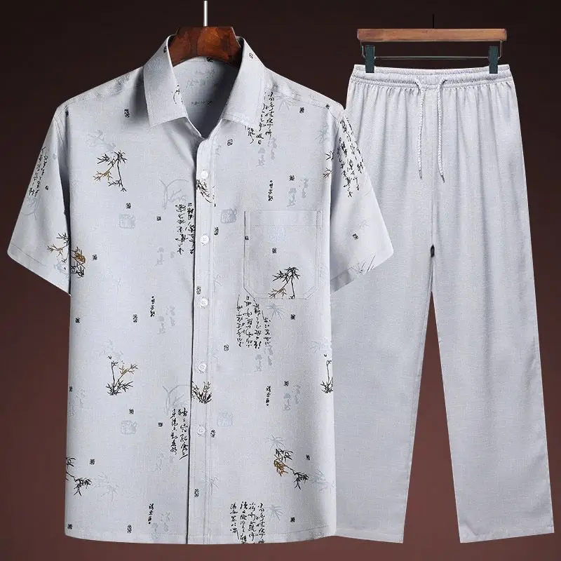 Print Leaves Male Short Sleeve Tang Suit Vintage Man Cotton Hanfu Clothing With Pocket Casual 2PCS Shirt&Pants Kong Fu Set