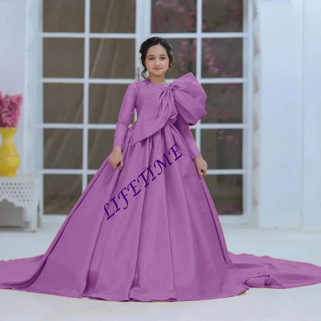 Abito da ragazza di fiore con paillettes a maniche lunghe con fiocco e monospalla, lunghezza del pavimento, abito da comunione con strascico personalizzato