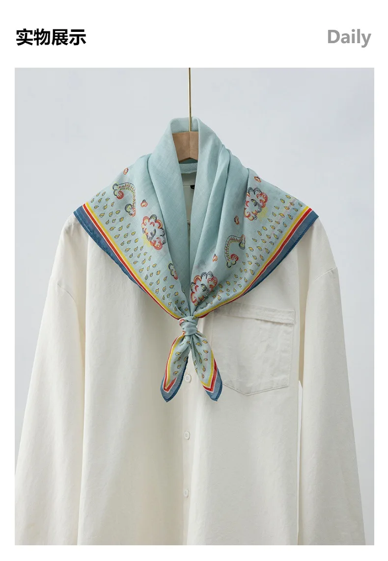 Summer fresh silk silk cotton blended scarf for women blue temperament versatile silk 70 square scarf neck protection scarf