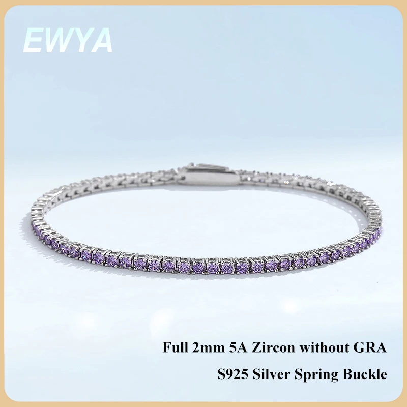 

EWYA Full 2mm Violet Pink Blue White 5A Zircon Tennis Bracelet for Woman S925 Silver High Carbon All Colored Gemstone Bracelets